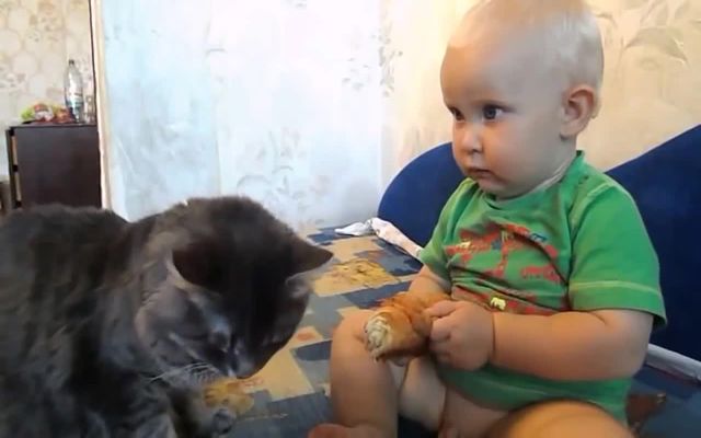 Малыш с котом едят булку (11.113 MB)