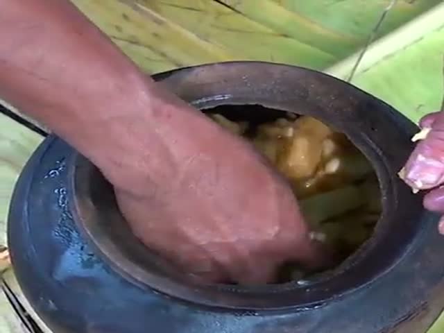 Парень делает самогон из бананов в джунглях