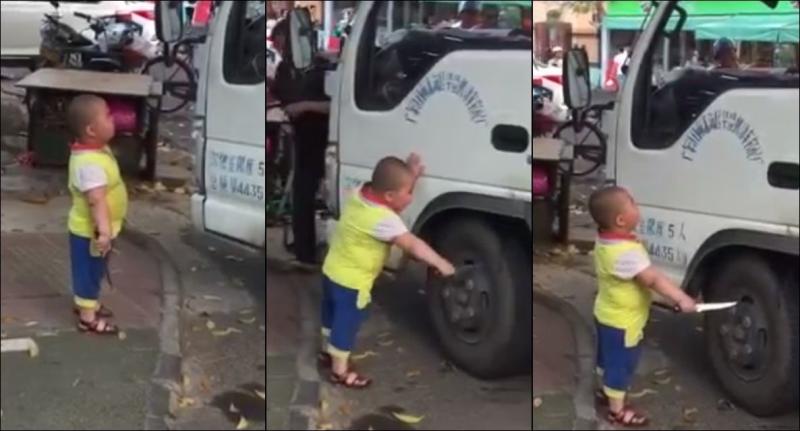 В Китае паренек запрещает водителю грузовика парковаться
