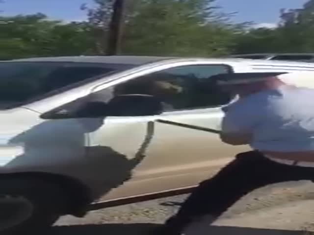 Полицейский пытается разбить стекло в автомобиле