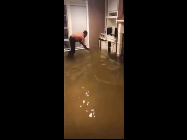 В Хьюстоне во время наводнения мужчина ловит рыбу в собственном доме