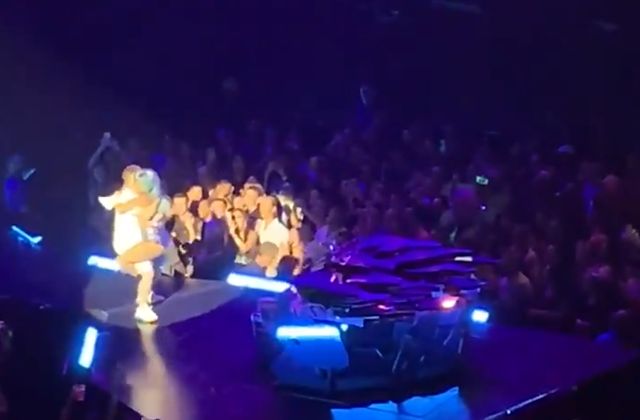 Леди Гага запрыгнула на фаната, который после этого не смог удержаться на сцене