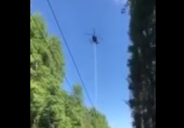 Стрижка деревьев возле ЛЭП с помощью вертолета